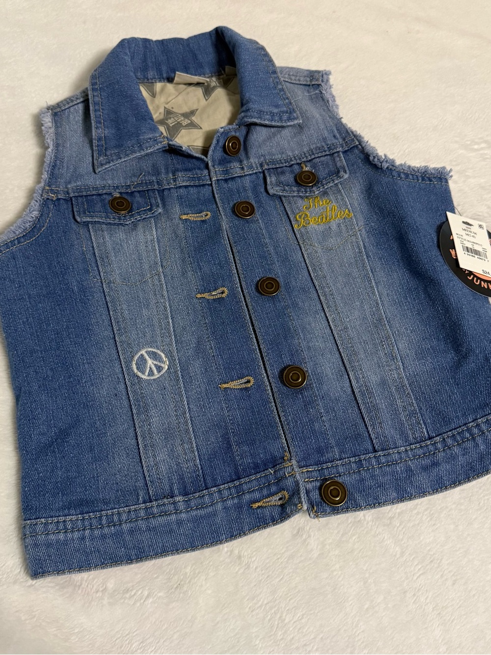 NWT Junk Food The Beatles Girls Denim Vest Size M 7/8 Embroidered Peace